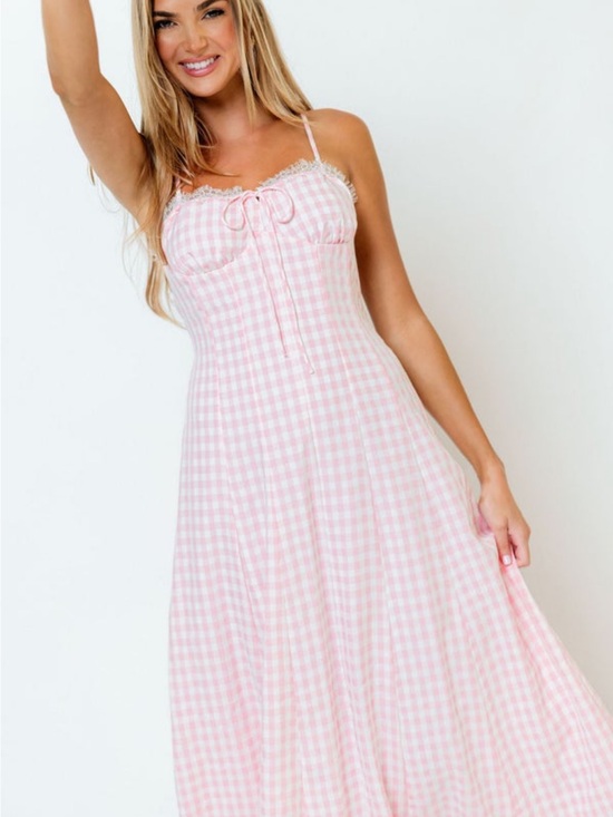 Worth Collective Dresses & Skirts - Pink Gingham Midi Dress with Lace Trim